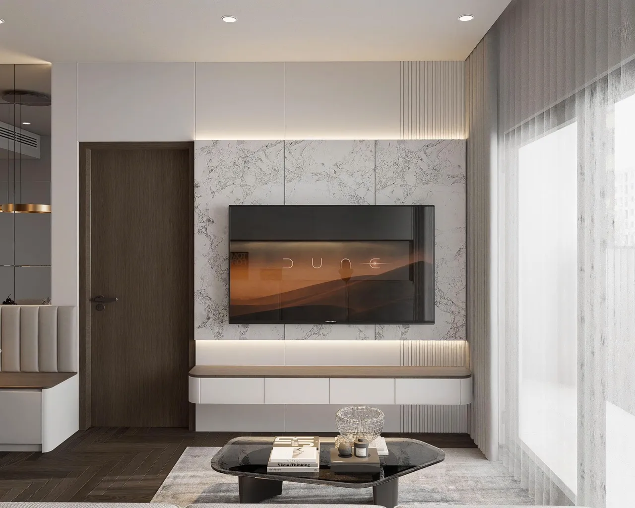 Căn 2PN Hiện đại — Lumière Evergreen toà A2 — phòng khách, thiết kế 3d