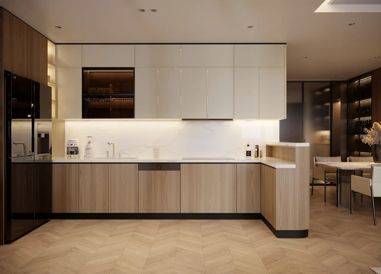 Căn 3PN Hiện đại — Lumière Evergreen toà A2 — bếp – phòng ăn, thiết kế 3d