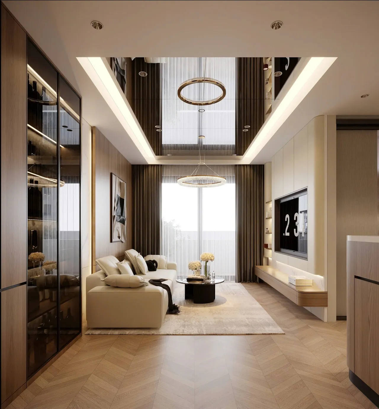 Căn 3PN Hiện đại — Lumière Evergreen toà A2 — phòng khách, thiết kế 3d