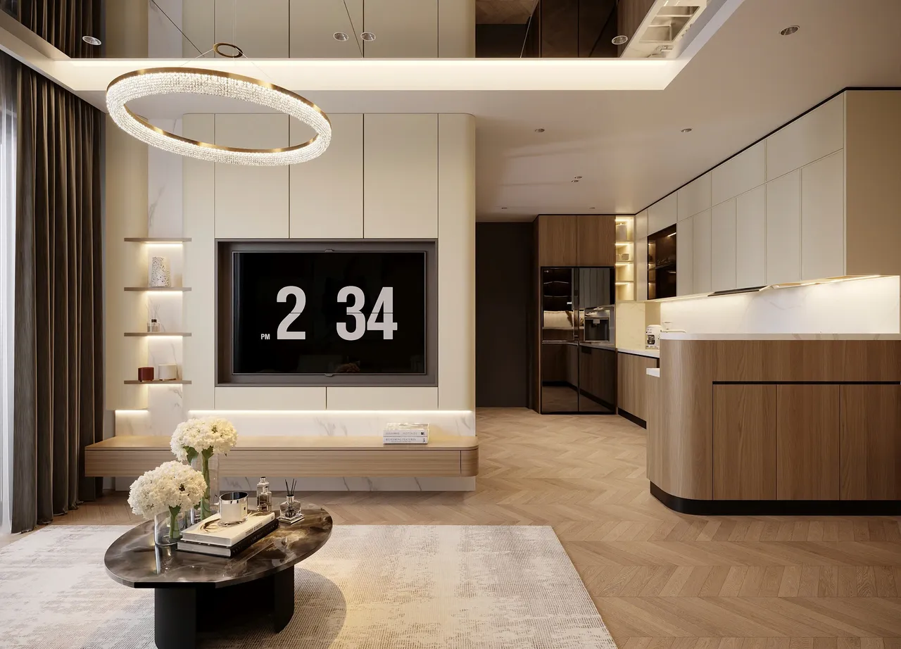 Căn 3PN Hiện đại — Lumière Evergreen toà A2 — phòng khách, thiết kế 3d