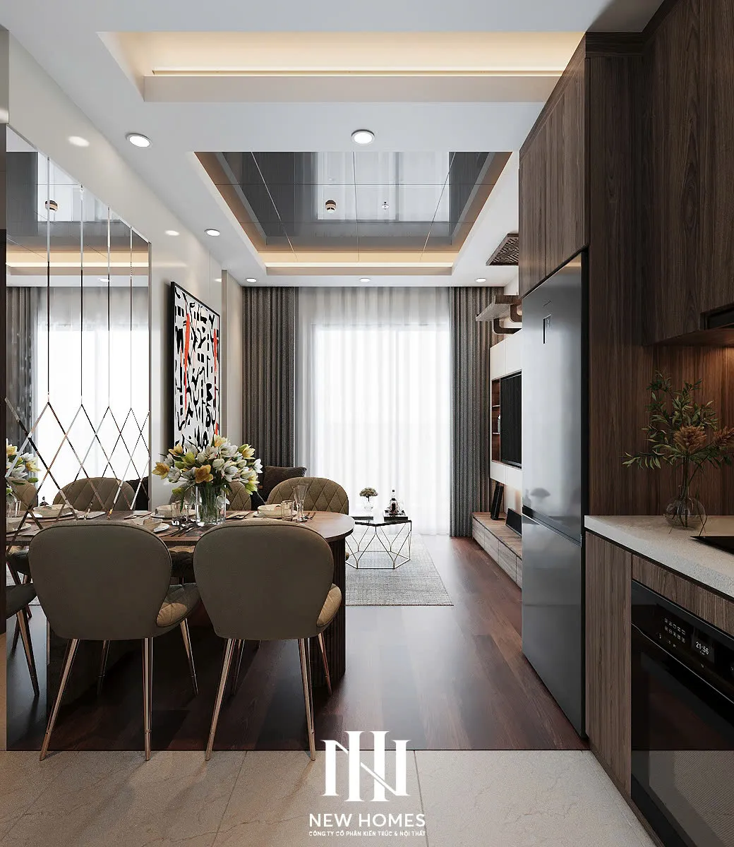 Căn 2PN Hiện đại — Lumière Evergreen toà A3 — bếp – phòng ăn, thiết kế 3d