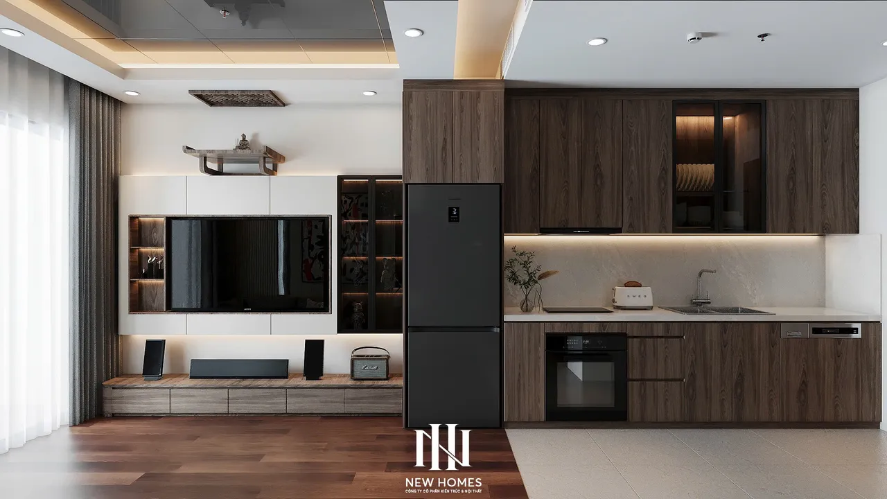 Căn 2PN Hiện đại — Lumière Evergreen toà A3 — bếp – phòng ăn, thiết kế 3d