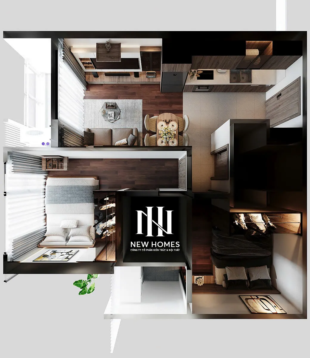 Căn 2PN Hiện đại — Lumière Evergreen toà A3 — mặt bằng, thiết kế 3d