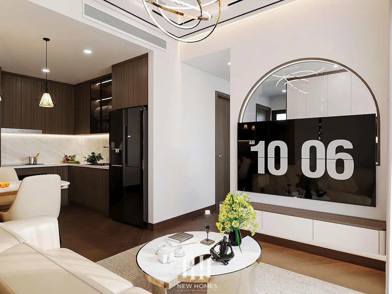 Căn 2PN Hiện đại — Lumière Evergreen toà A3 — phòng khách, thiết kế 3d