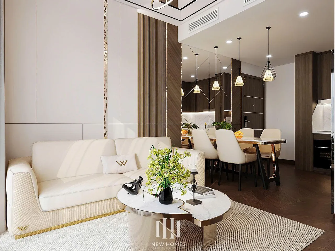 Căn 2PN Hiện đại — Lumière Evergreen toà A3 — phòng khách, thiết kế 3d