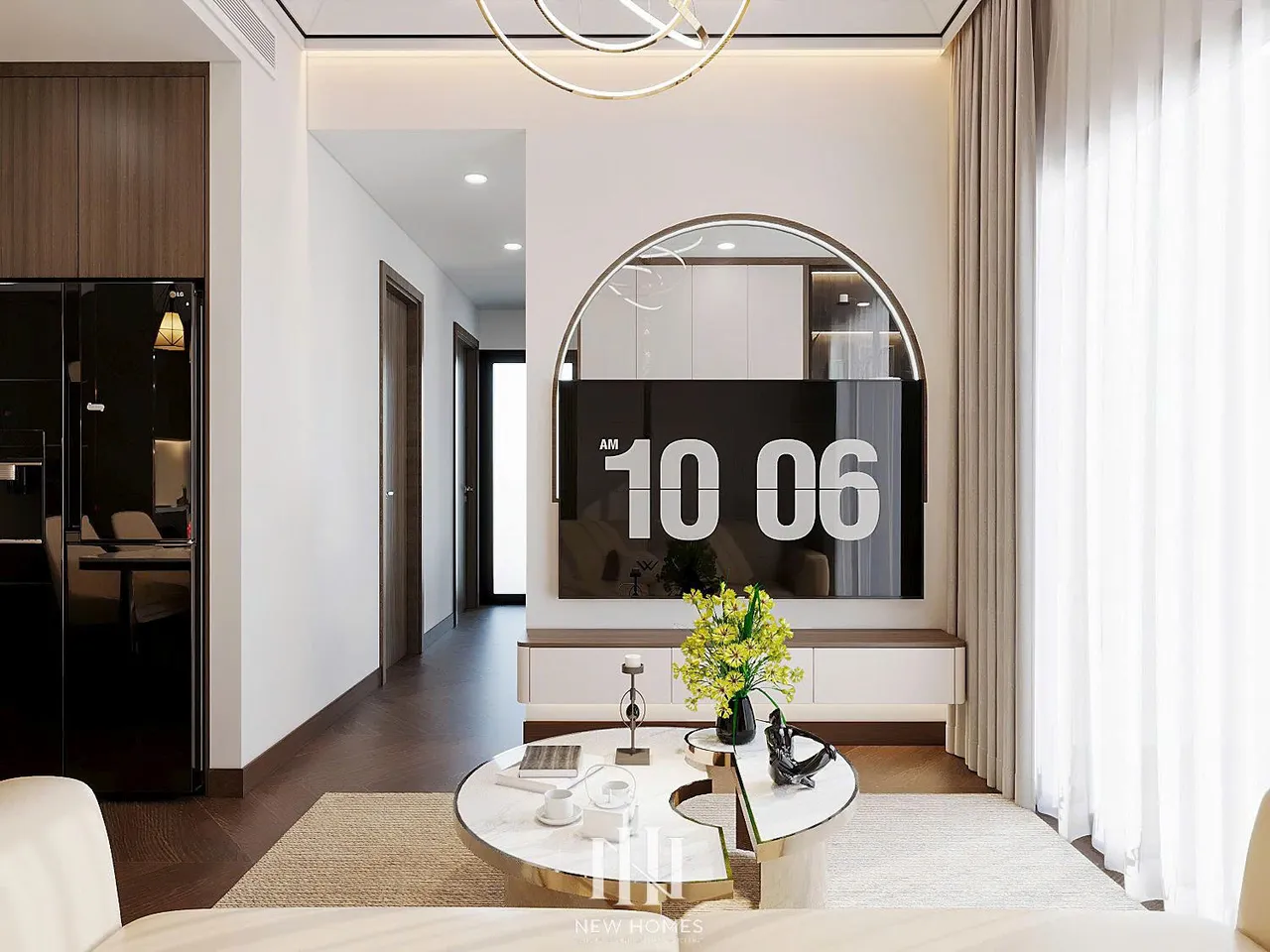 Căn 2PN Hiện đại — Lumière Evergreen toà A3 — phòng khách, thiết kế 3d