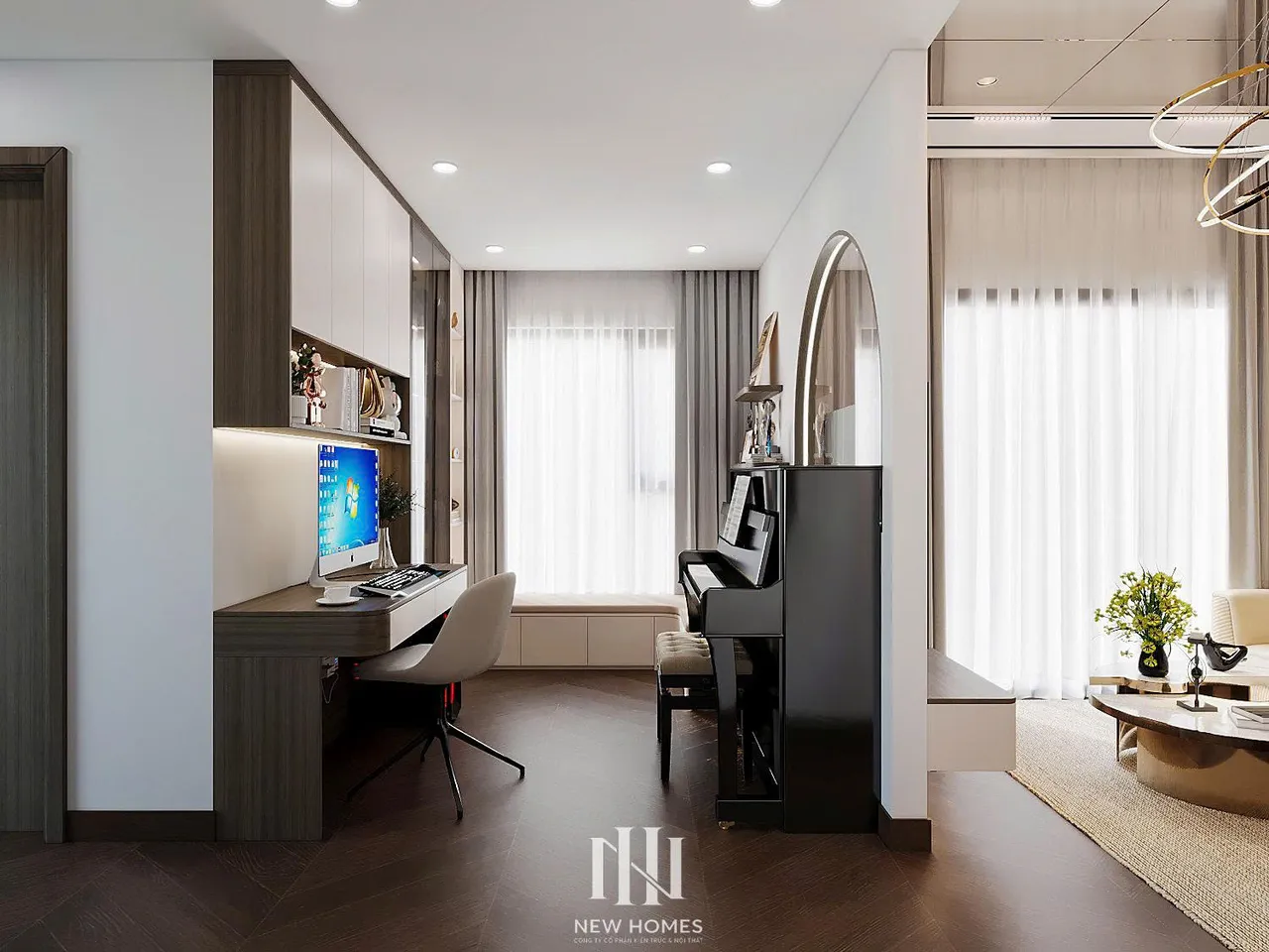 Căn 2PN Hiện đại — Lumière Evergreen toà A3 — phòng làm việc – đa năng, thiết kế 3d