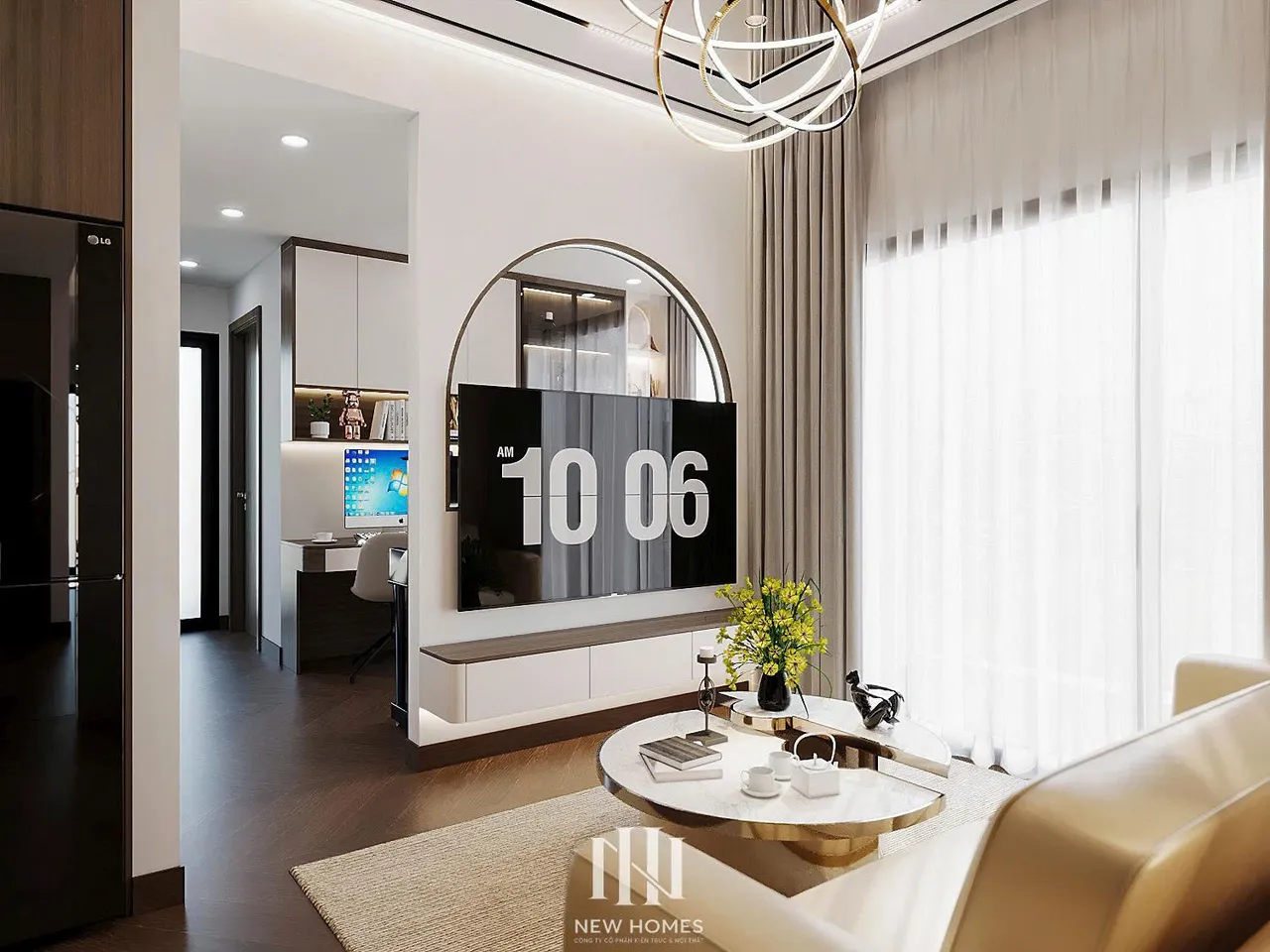 Căn 2PN Hiện đại — Lumière Evergreen toà A3 — phòng khách, thiết kế 3d