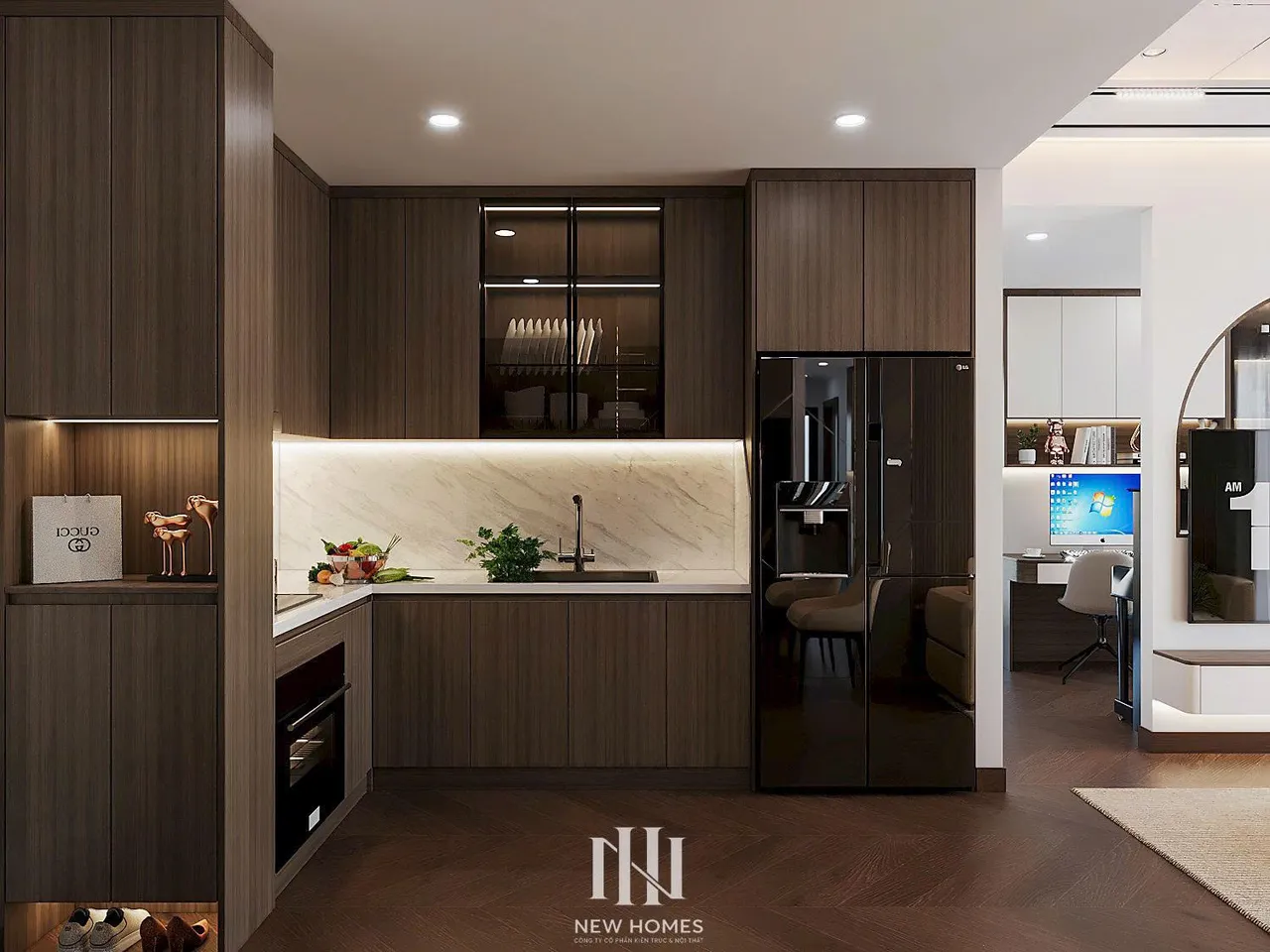Căn 2PN Hiện đại — Lumière Evergreen toà A3 — bếp – phòng ăn, thiết kế 3d