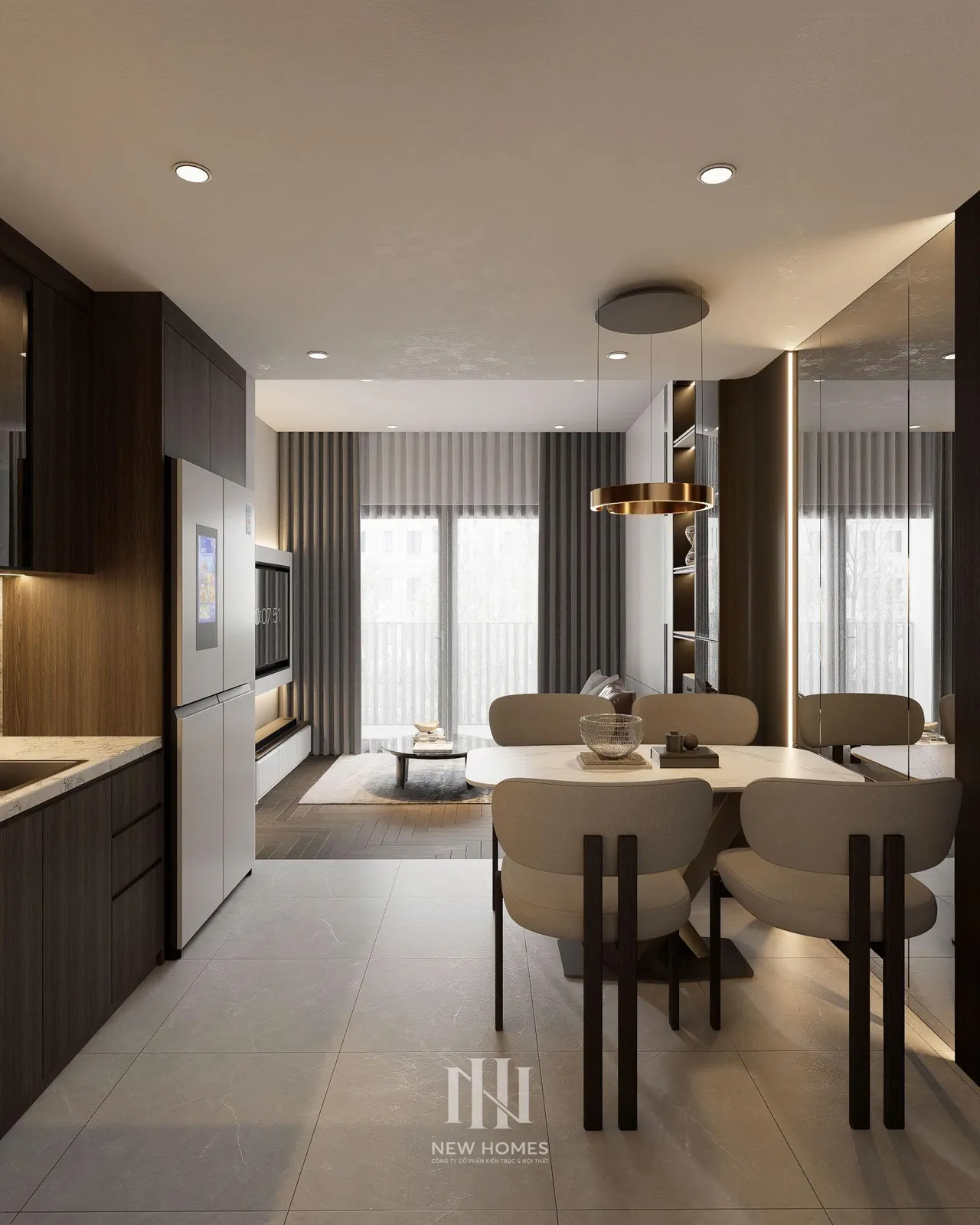 Căn 3PN Hiện đại — Lumière Evergreen toà A3 — bếp – phòng ăn, thiết kế 3d
