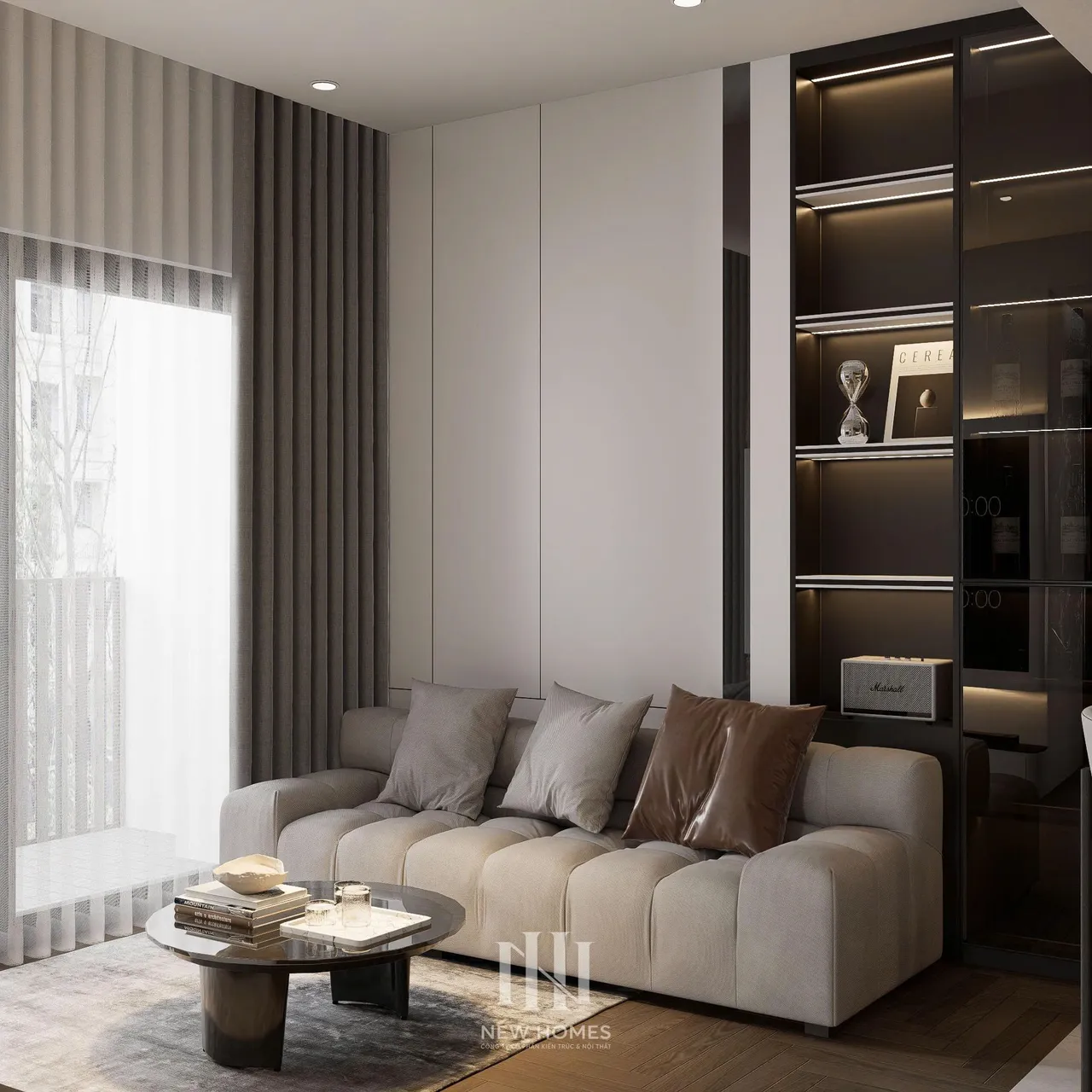 Căn 3PN Hiện đại — Lumière Evergreen toà A3 — phòng khách, thiết kế 3d
