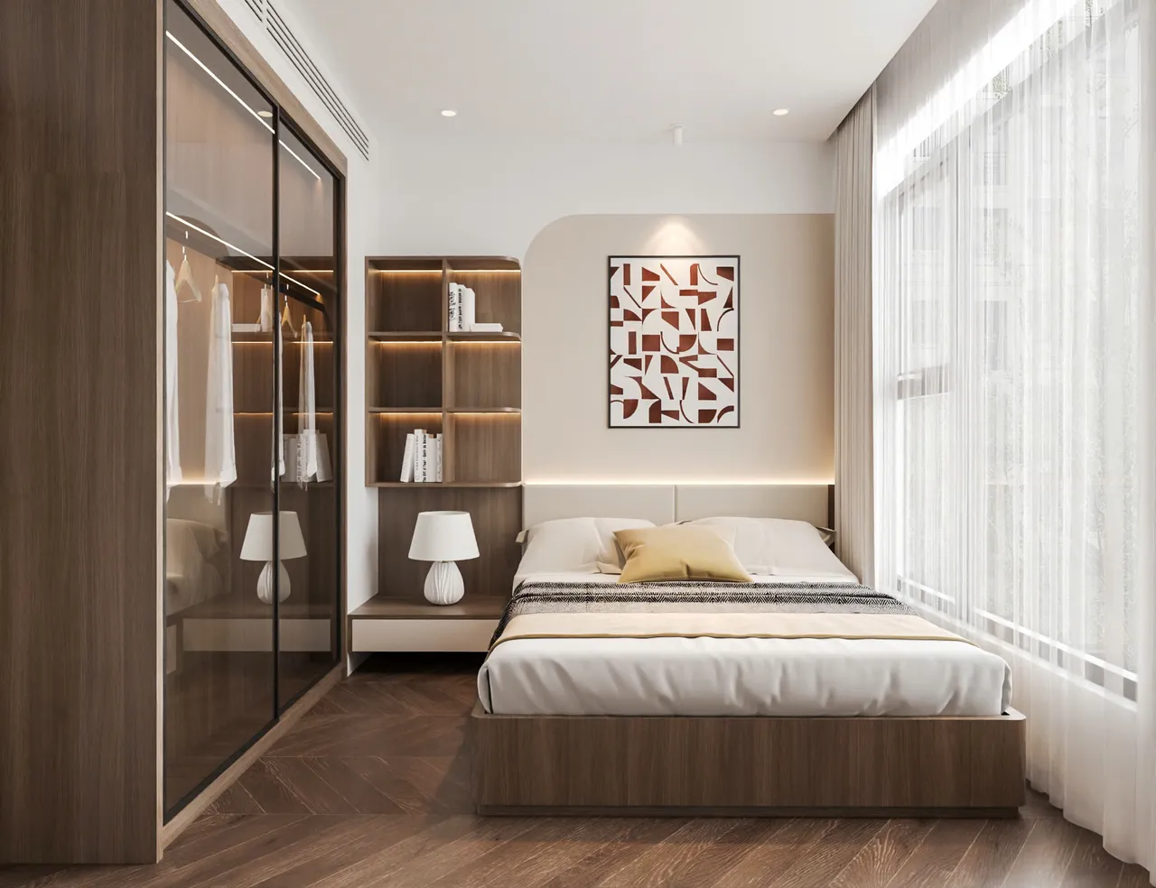 Căn 2PN+ Hiện đại — Lumière Evergreen toà A3 — phòng ngủ master, thiết kế 3d