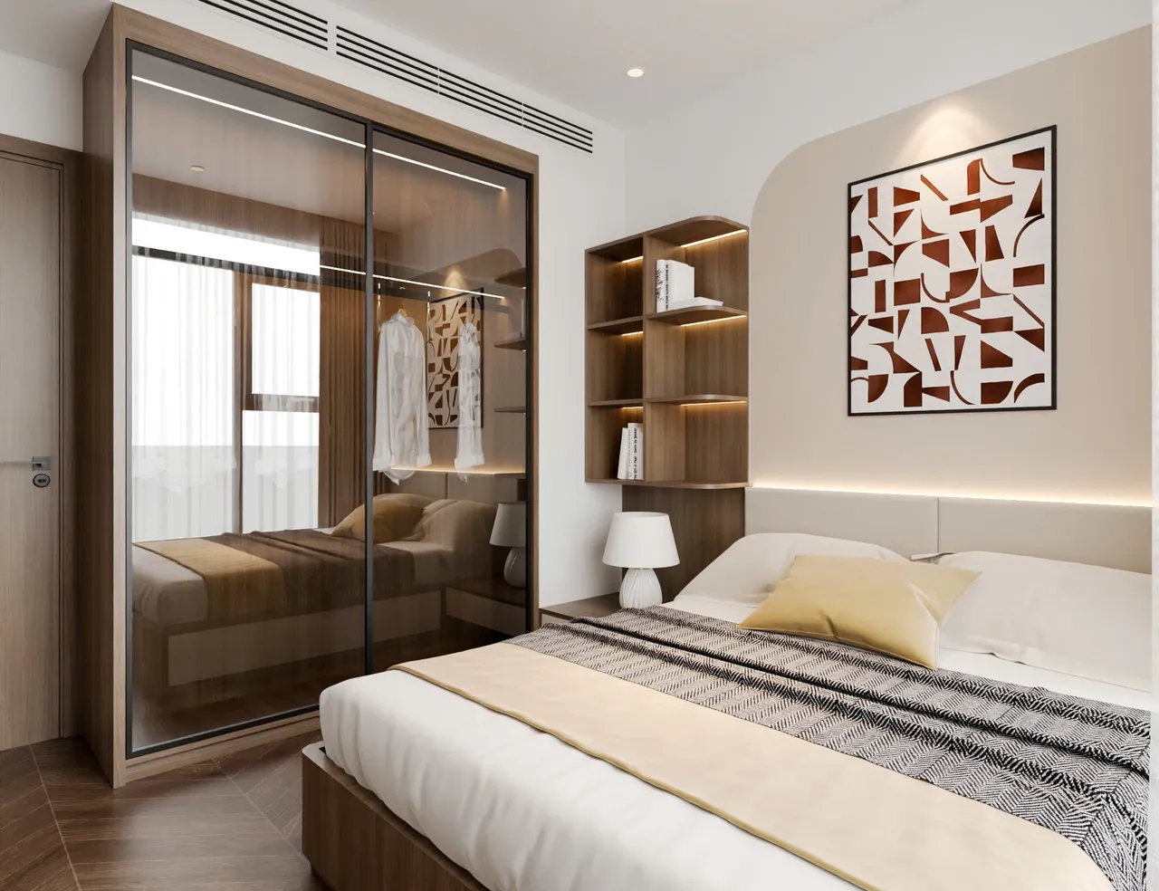 Căn 2PN+ Hiện đại — Lumière Evergreen toà A3 — phòng ngủ master, thiết kế 3d