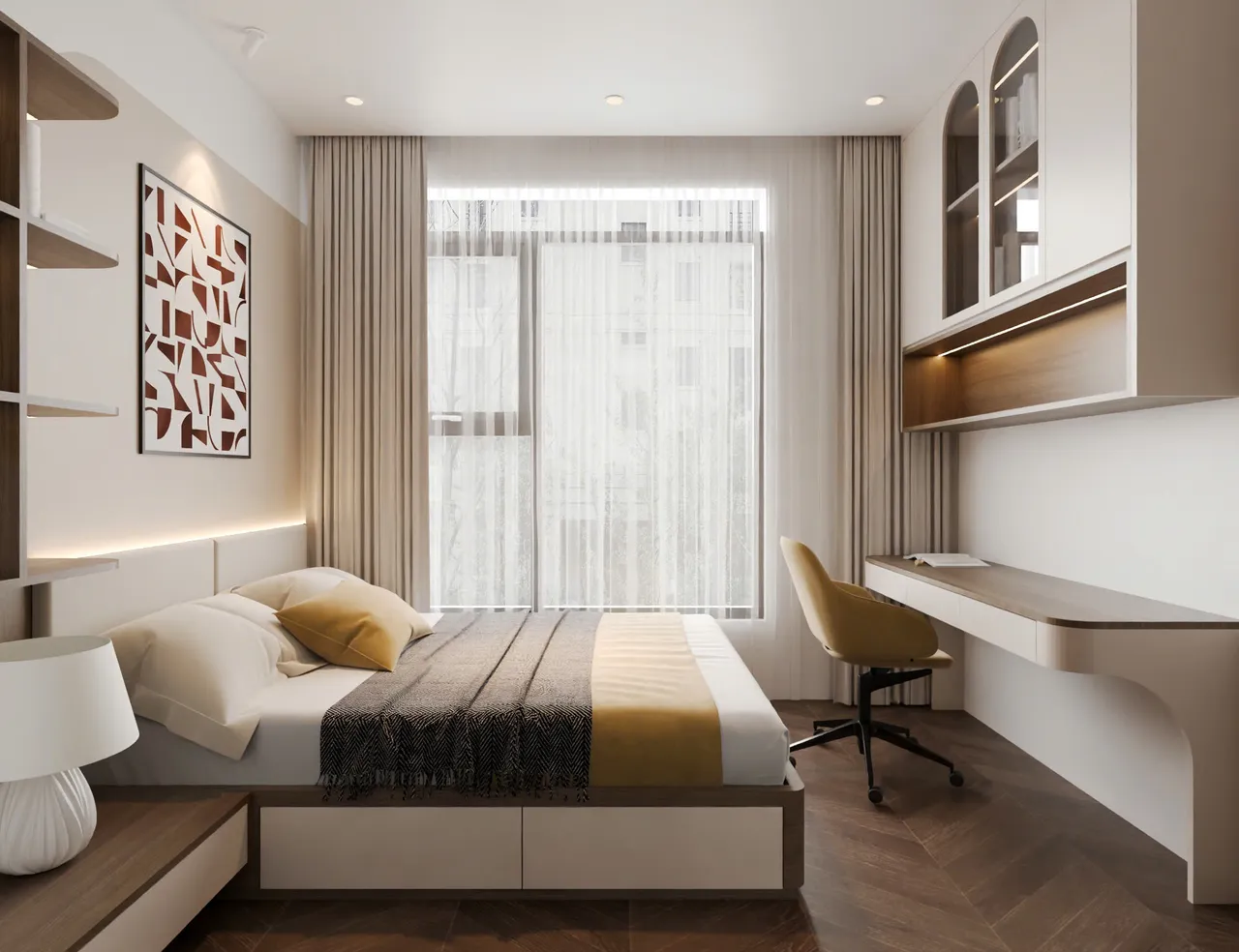Căn 2PN+ Hiện đại — Lumière Evergreen toà A3 — phòng ngủ 2, thiết kế 3d