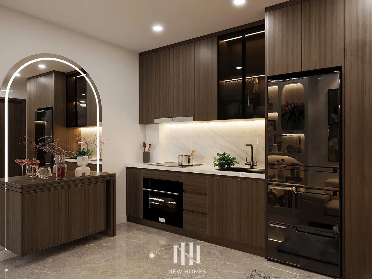 Căn 1PN Hiện đại — Lumière Evergreen toà A3 — bếp – phòng ăn, thiết kế 3d
