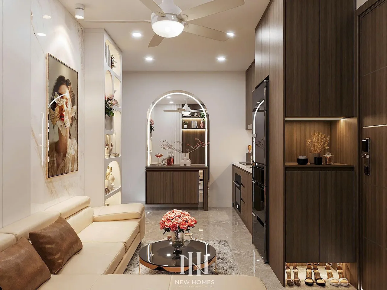 Căn 1PN Hiện đại — Lumière Evergreen toà A3 — phòng khách, thiết kế 3d