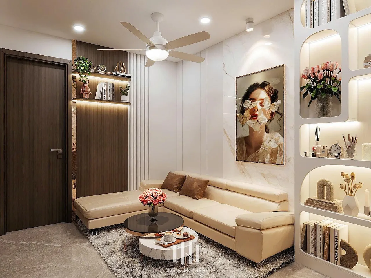 Căn 1PN Hiện đại — Lumière Evergreen toà A3 — phòng khách, thiết kế 3d