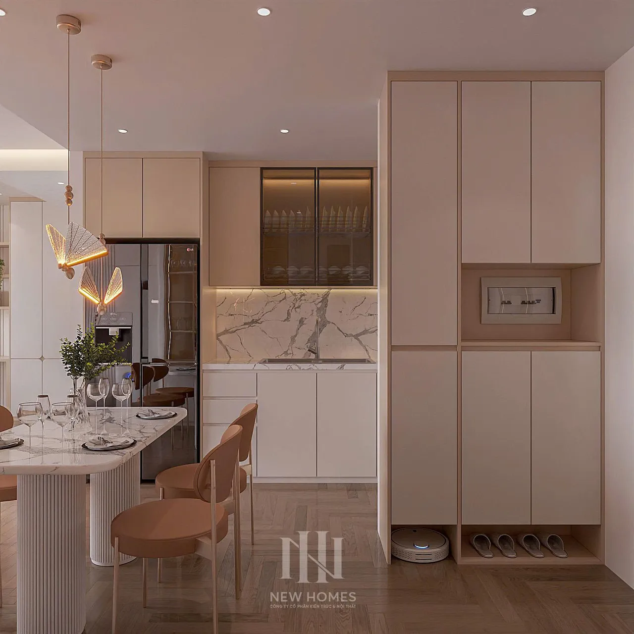 Căn 2PN Hiện đại — Lumière Evergreen toà A3 — bếp – phòng ăn, thiết kế 3d