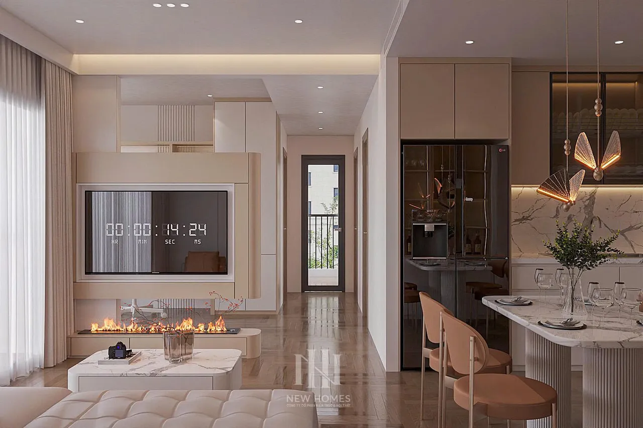 Căn 2PN Hiện đại — Lumière Evergreen toà A3 — phòng khách, thiết kế 3d