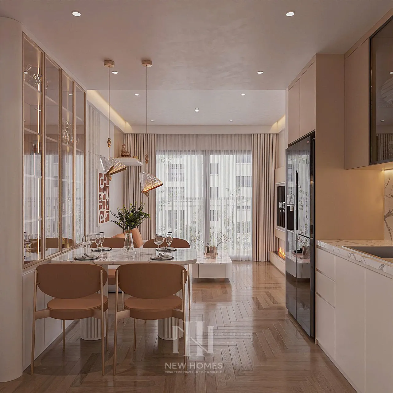 Căn 2PN Hiện đại — Lumière Evergreen toà A3 — bếp – phòng ăn, thiết kế 3d