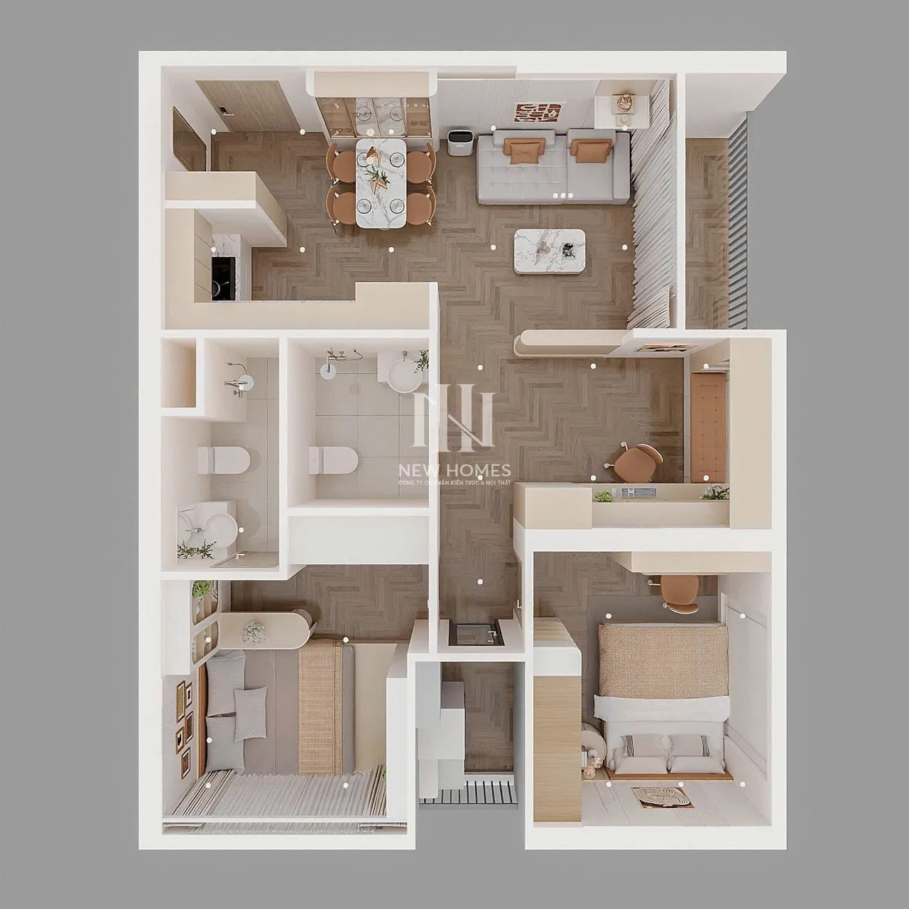 Căn 2PN Hiện đại — Lumière Evergreen toà A3 — mặt bằng, thiết kế 3d