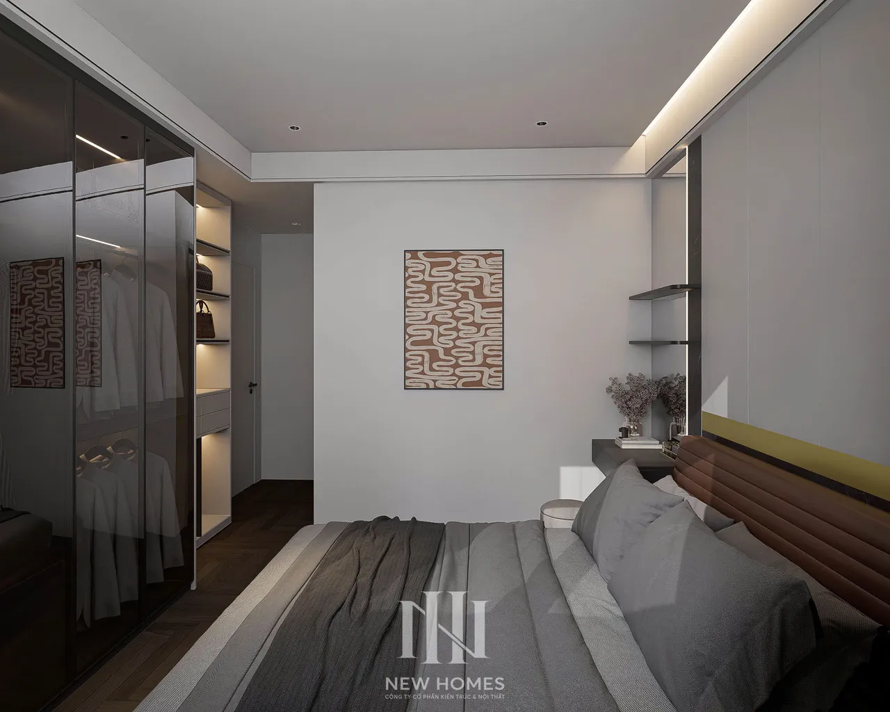 Căn 2PN Hiện đại — NC2 Cầu Bươu — phòng ngủ master, thiết kế 3d