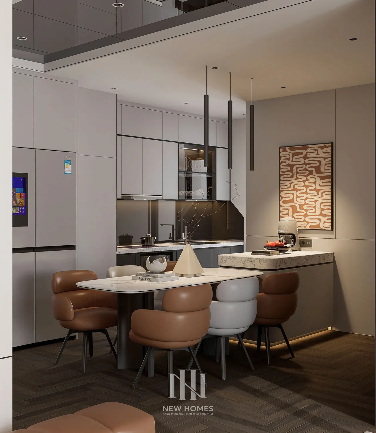 Căn 2PN Hiện đại — NC2 Cầu Bươu — bếp – phòng ăn, thiết kế 3d