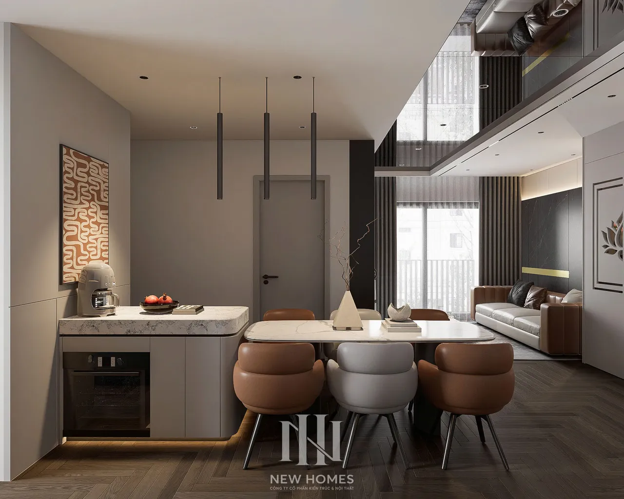 Căn 2PN Hiện đại — NC2 Cầu Bươu — bếp – phòng ăn, thiết kế 3d