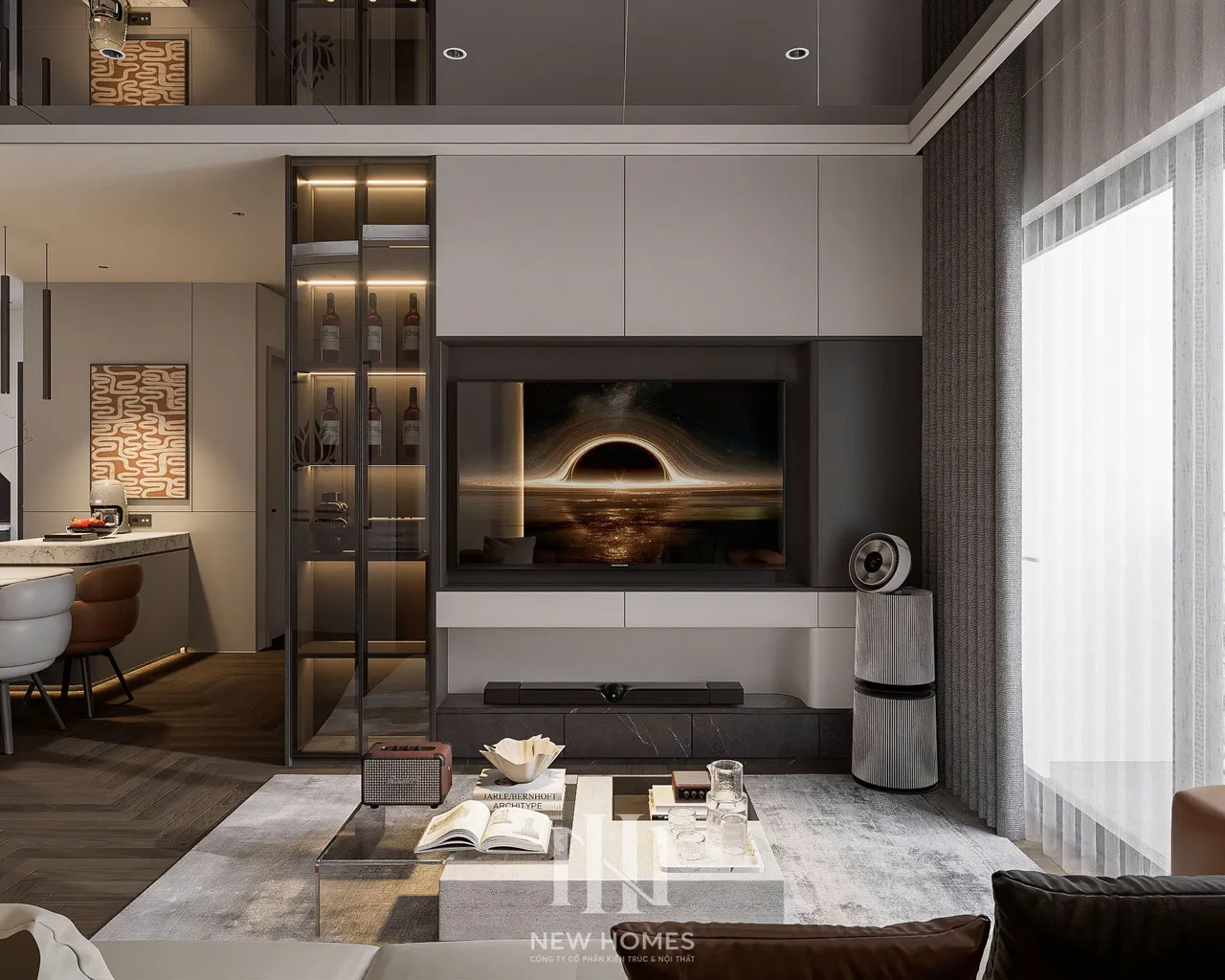 Căn 2PN Hiện đại — NC2 Cầu Bươu — phòng khách, thiết kế 3d
