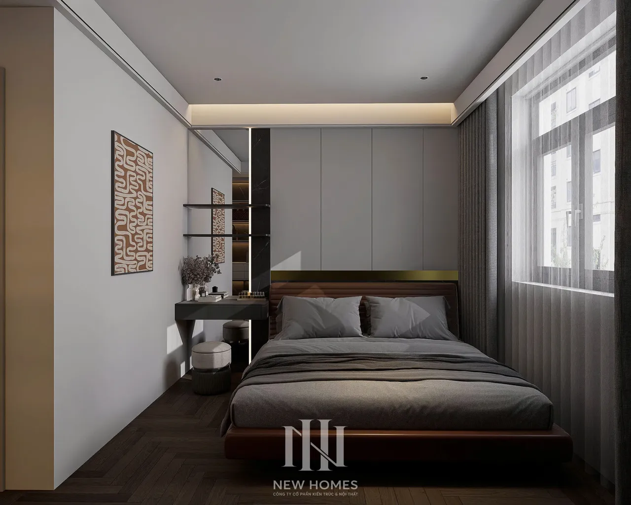 Căn 2PN Hiện đại — NC2 Cầu Bươu — phòng ngủ master, thiết kế 3d