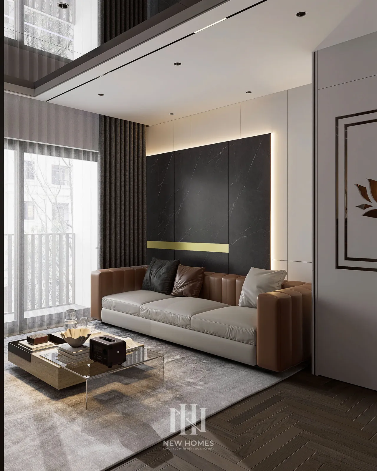 Căn 2PN Hiện đại — NC2 Cầu Bươu — phòng khách, thiết kế 3d