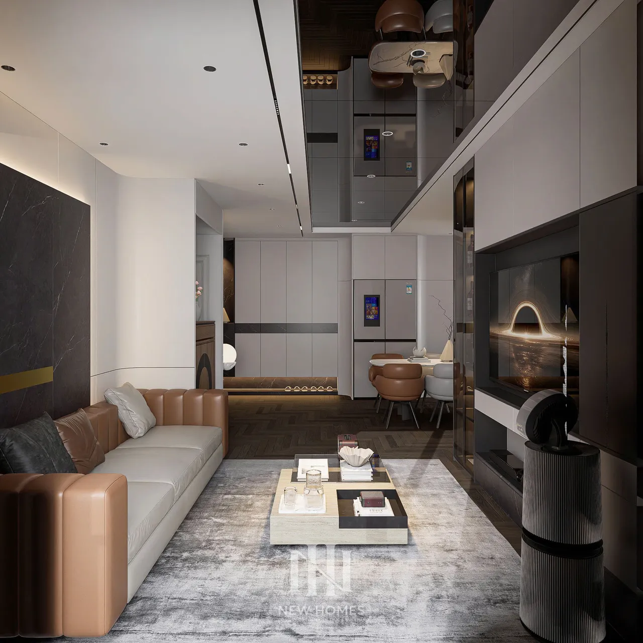 Căn 2PN Hiện đại — NC2 Cầu Bươu — phòng khách, thiết kế 3d