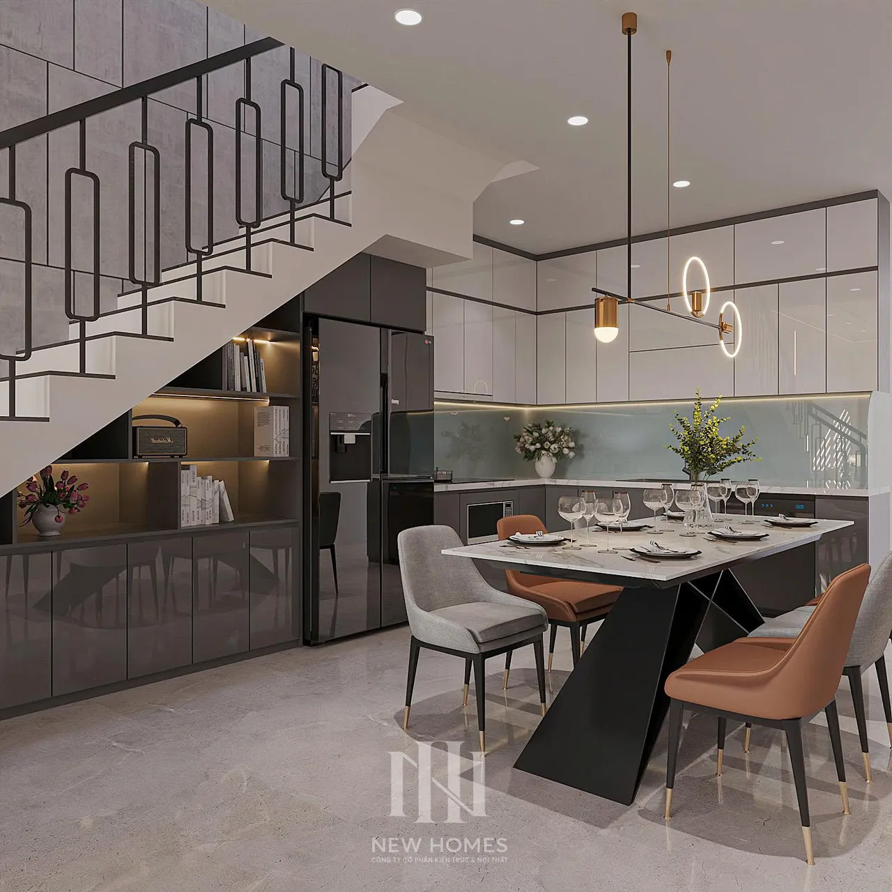 Mẫu nội thất Hiện đại — Nhà mặt đất Hải Dương — bếp – phòng ăn, thiết kế 3d