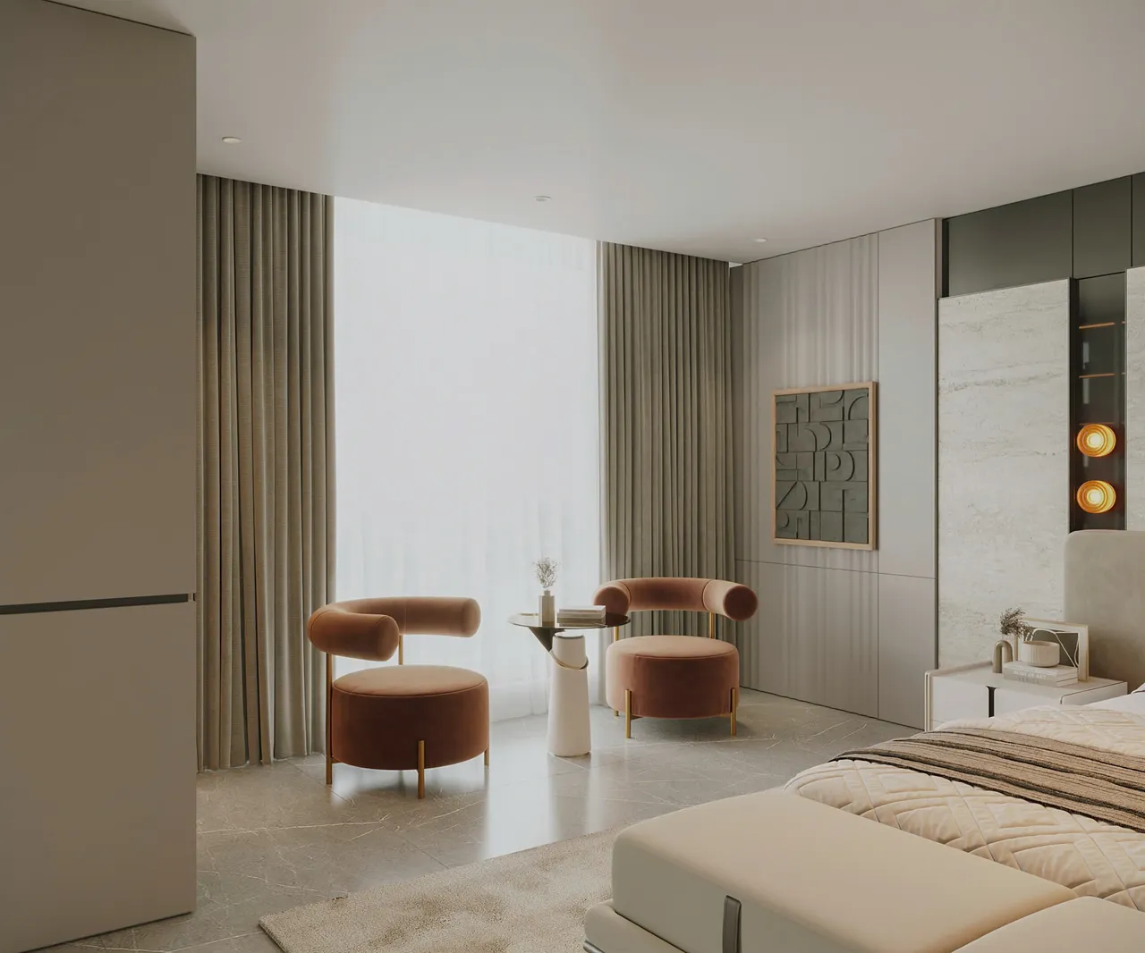 Mẫu nội thất Hiện đại — Nhà mặt đất Tam Trinh — phòng ngủ master, thiết kế 3d