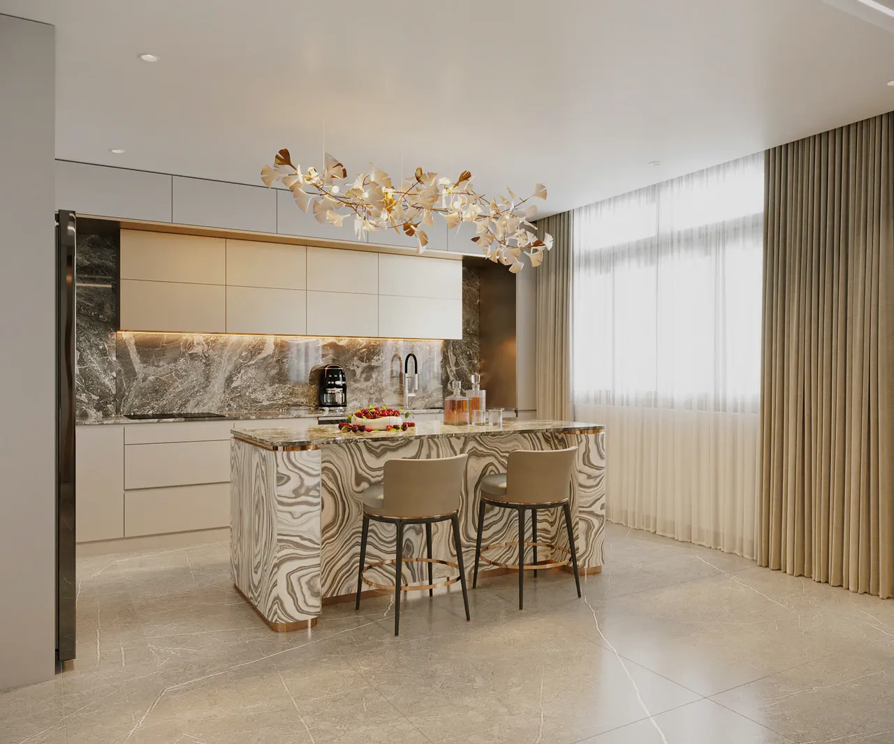 Mẫu nội thất Hiện đại — Nhà mặt đất Tam Trinh — bếp – phòng ăn, thiết kế 3d