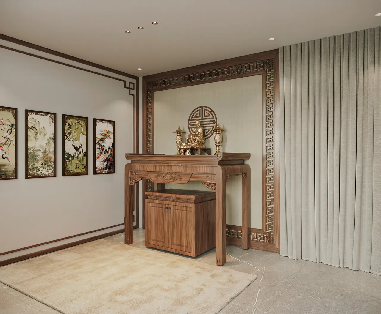 Mẫu nội thất Hiện đại — Nhà mặt đất Tam Trinh — phòng thờ, thiết kế 3d