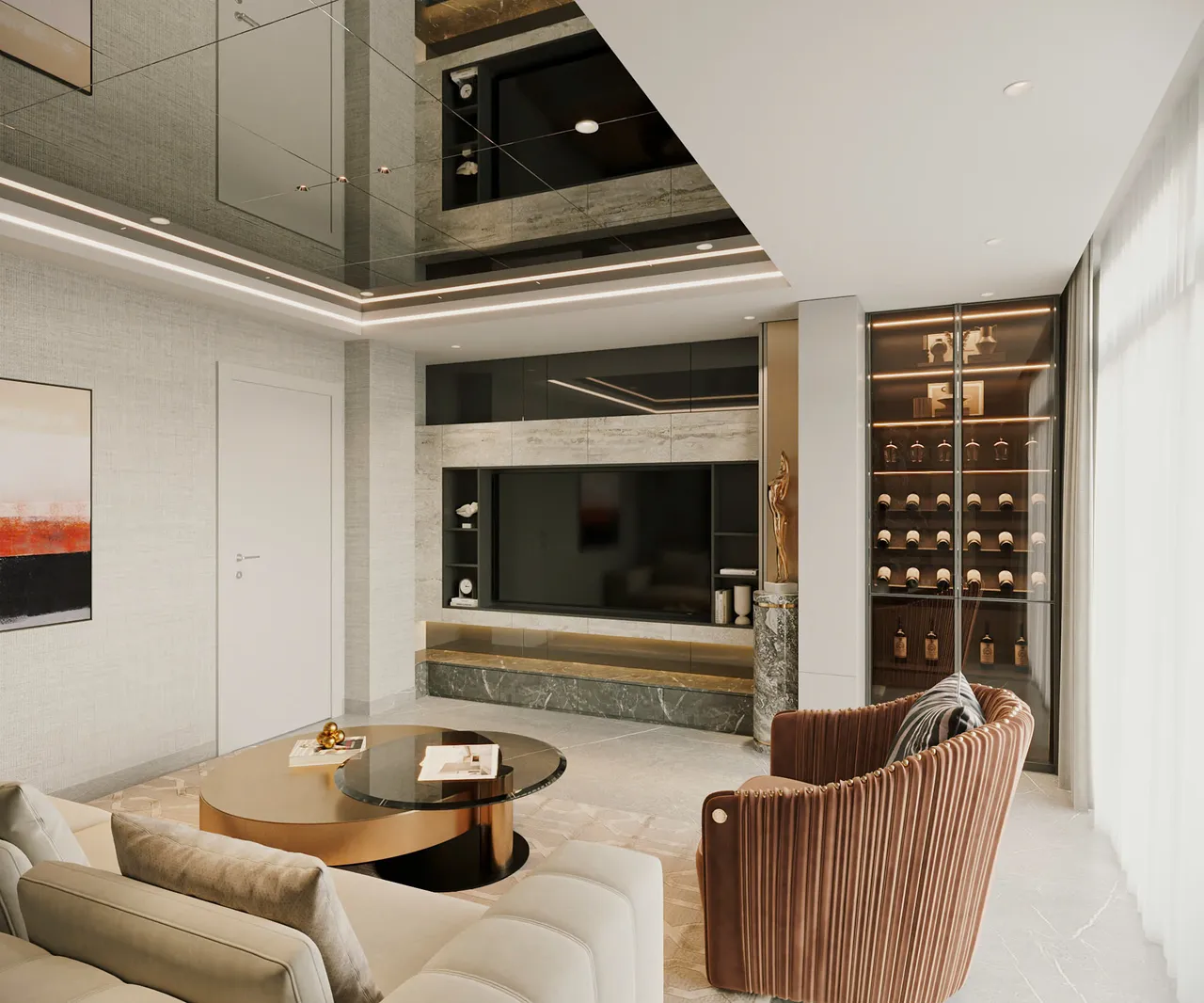Mẫu nội thất Hiện đại — Nhà mặt đất Tam Trinh — phòng khách, thiết kế 3d