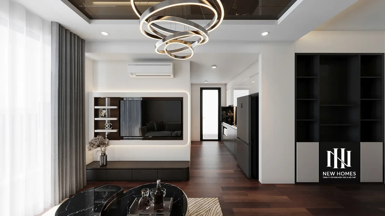 Căn 2PN Hiện đại — Riverside Bích Thuy — phòng khách, thiết kế 3d