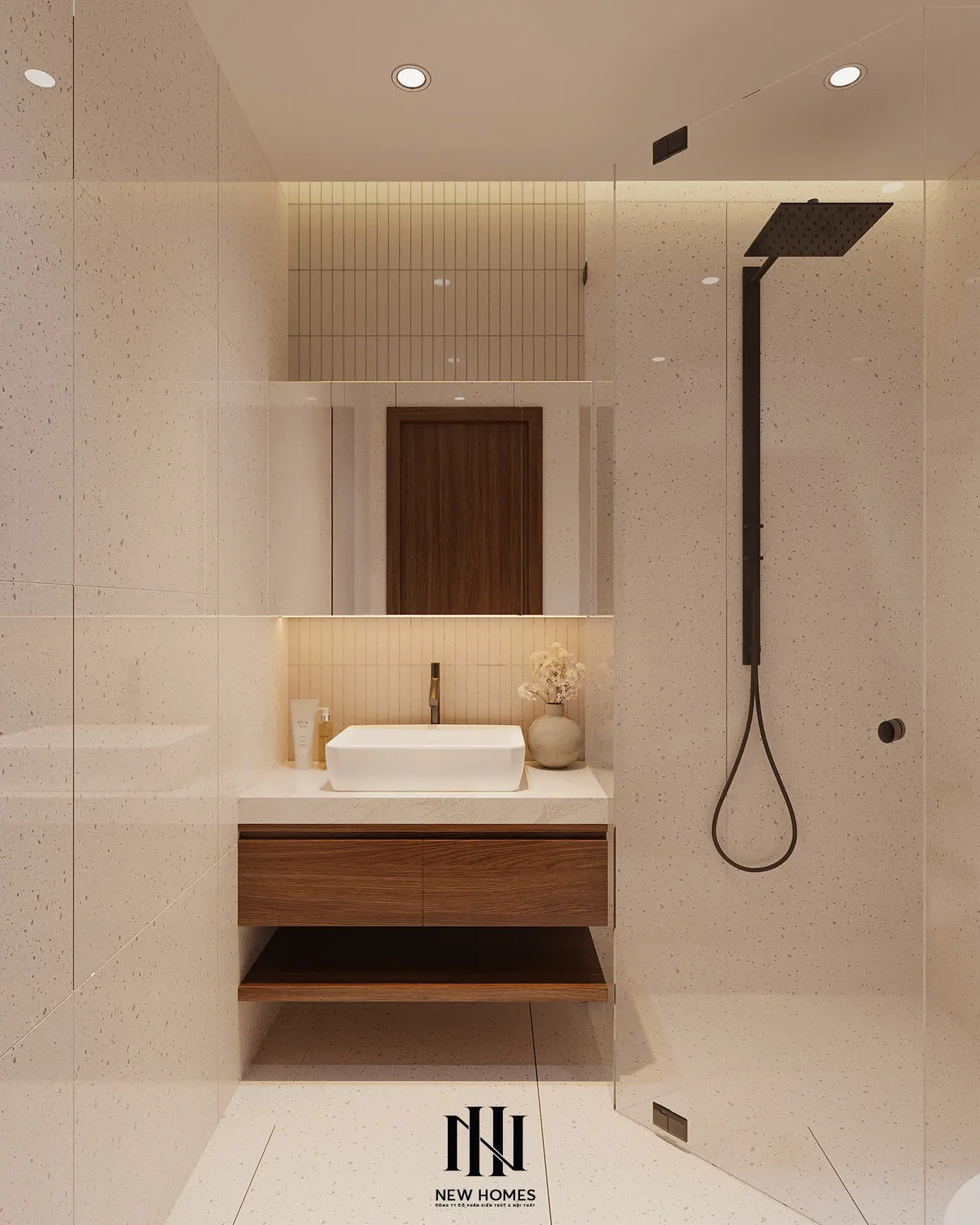 Căn 2PN Japandi — TC2 Vinhomes Smart City — phòng tắm – wc, thiết kế 3d