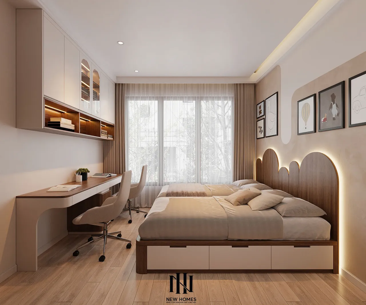 Căn 2PN Japandi — TC2 Vinhomes Smart City — phòng ngủ 2, thiết kế 3d