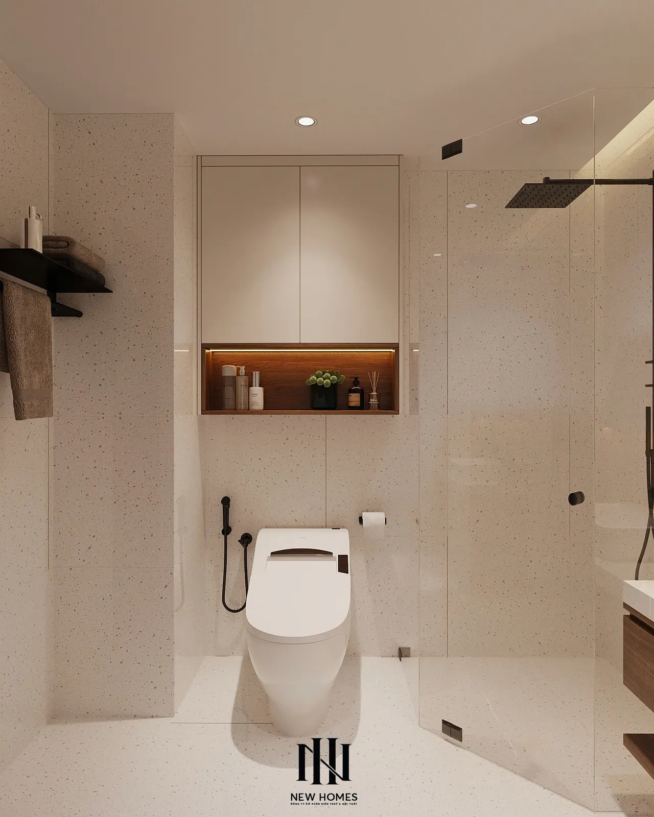 Căn 2PN Japandi — TC2 Vinhomes Smart City — phòng tắm – wc, thiết kế 3d