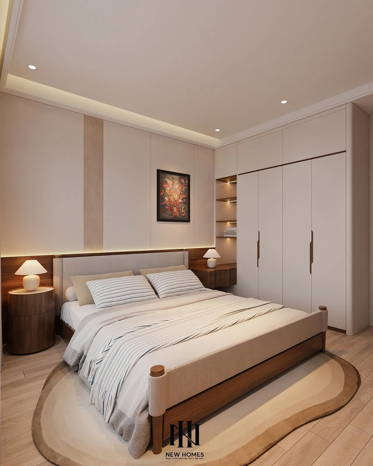 Căn 2PN Japandi — TC2 Vinhomes Smart City — phòng ngủ master, thiết kế 3d