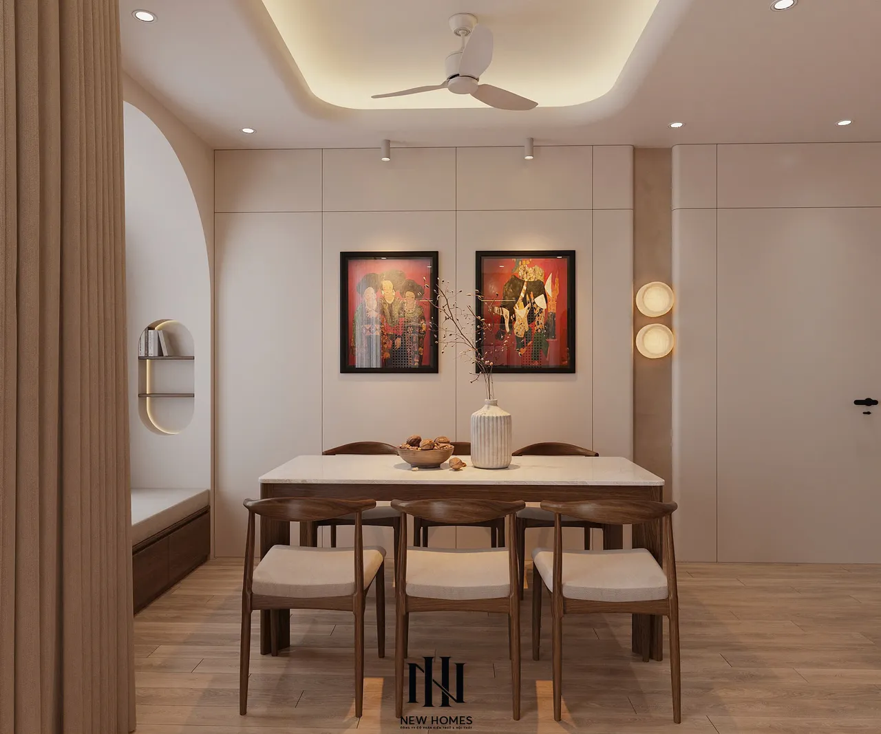 Căn 2PN Japandi — TC2 Vinhomes Smart City — bếp – phòng ăn, thiết kế 3d