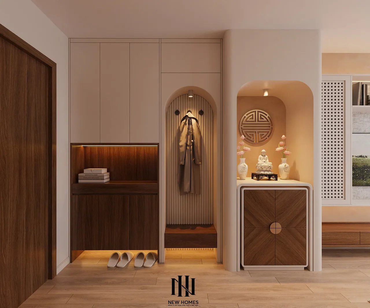Căn 2PN Japandi — TC2 Vinhomes Smart City — sảnh – lối vào, thiết kế 3d