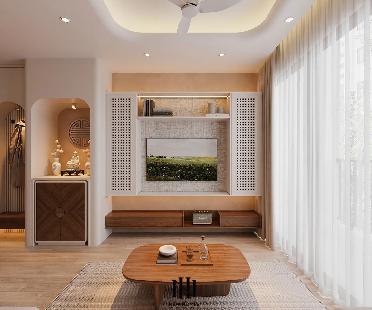 Căn 2PN Japandi — TC2 Vinhomes Smart City — phòng khách, thiết kế 3d