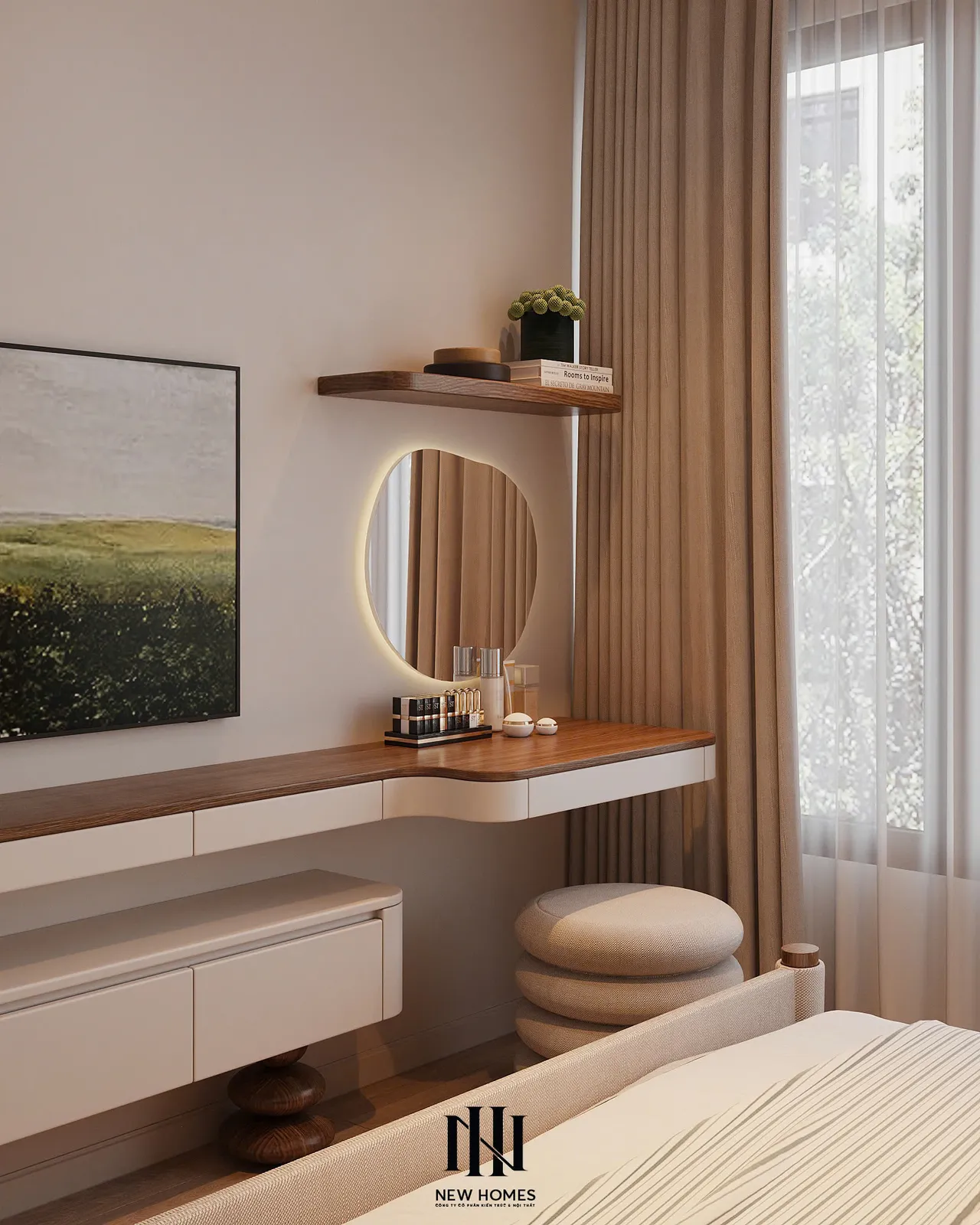 Căn 2PN Japandi — TC2 Vinhomes Smart City — phòng ngủ master, thiết kế 3d