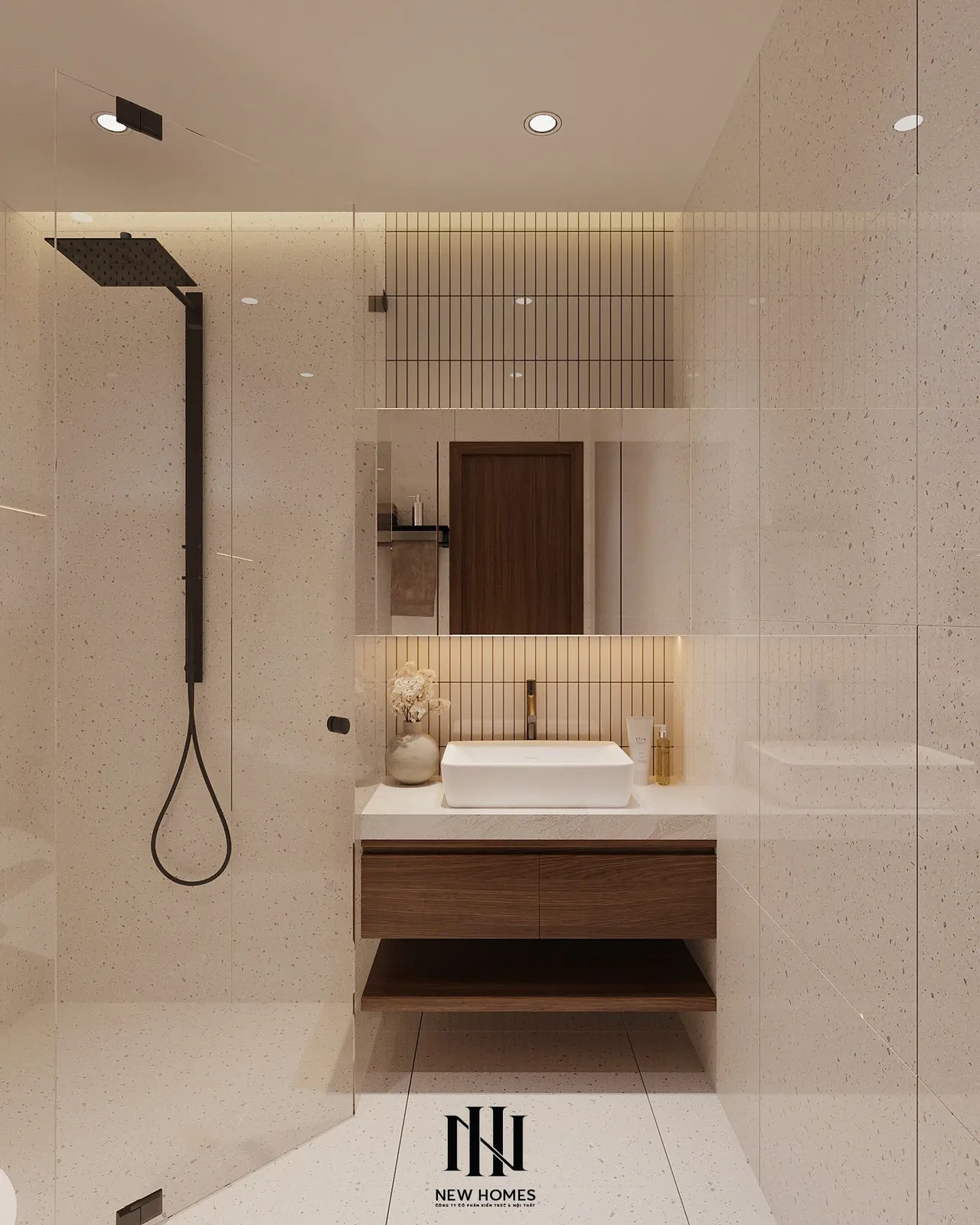 Căn 2PN Japandi — TC2 Vinhomes Smart City — phòng tắm – wc, thiết kế 3d
