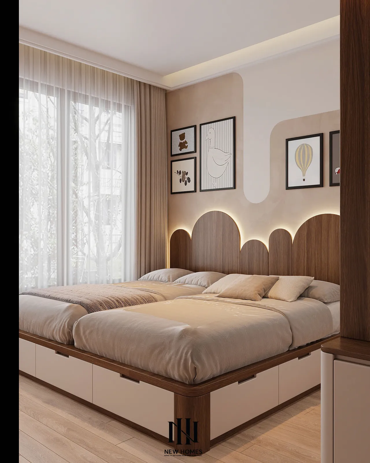 Căn 2PN Japandi — TC2 Vinhomes Smart City — phòng ngủ 2, thiết kế 3d