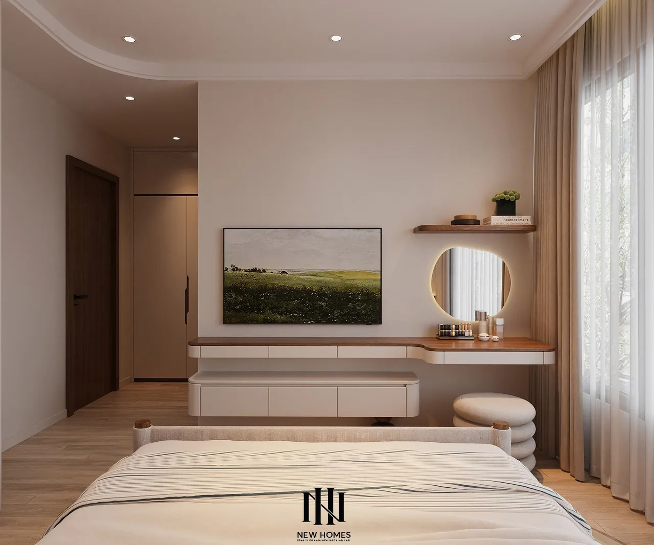 Căn 2PN Japandi — TC2 Vinhomes Smart City — phòng ngủ master, thiết kế 3d