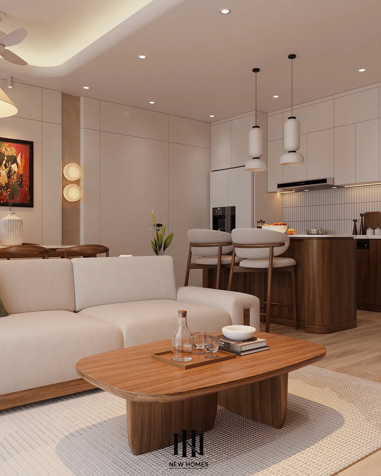 Căn 2PN Japandi — TC2 Vinhomes Smart City — phòng khách, thiết kế 3d